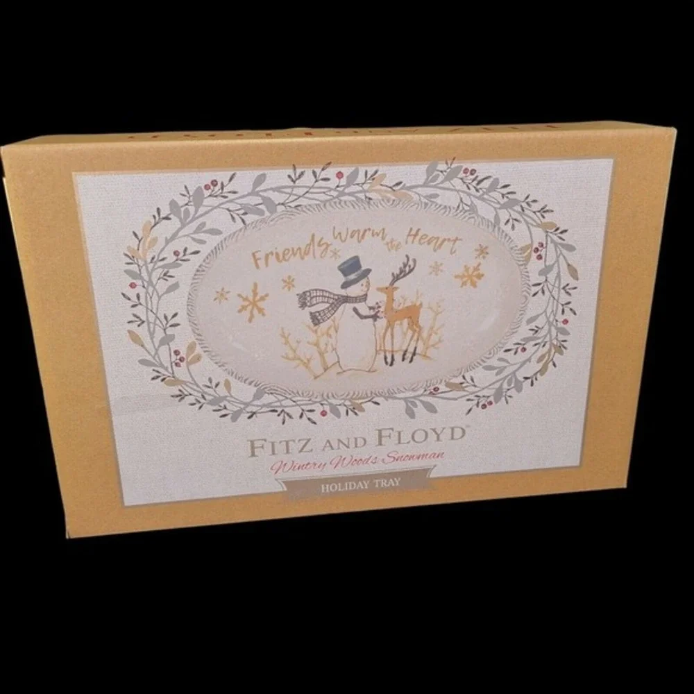 Fitz and Floyd Wintry Woods‎ Snowman Christmas 14 Inch Oval Serving Platter Tray